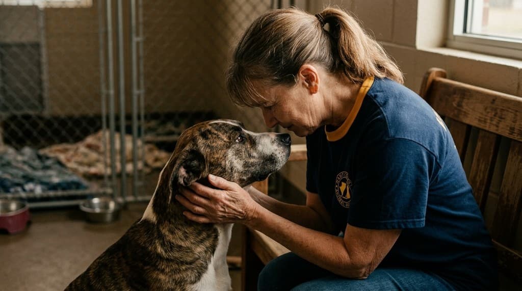 A rescue volunteer comforting a dog inside the shelter