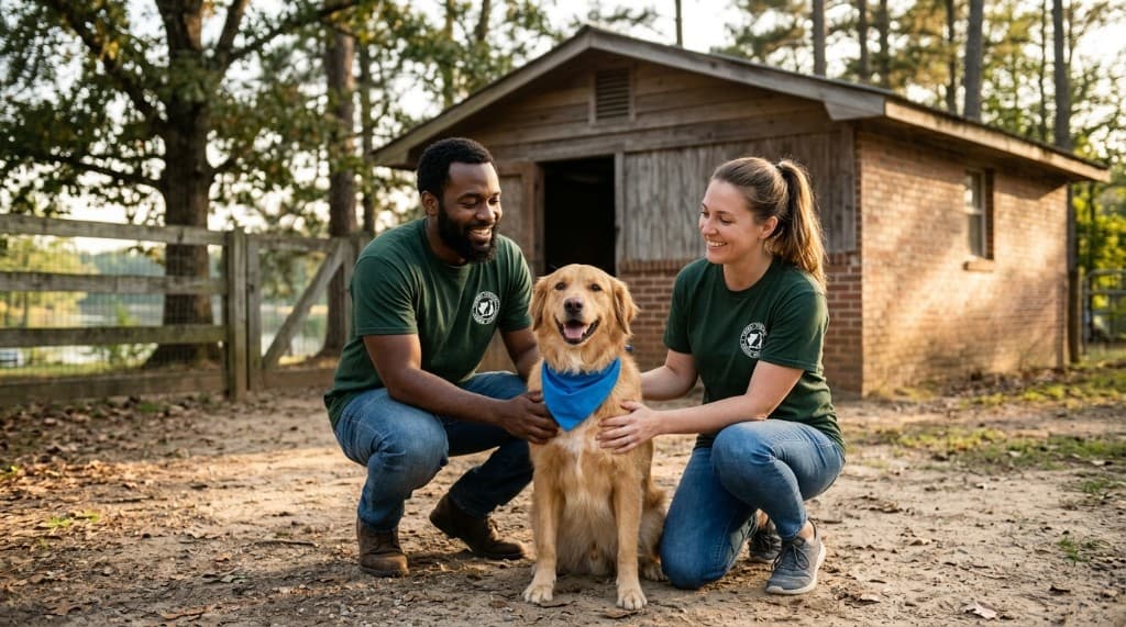 Hart County Animal Rescue volunteers with a dog outside the shelter